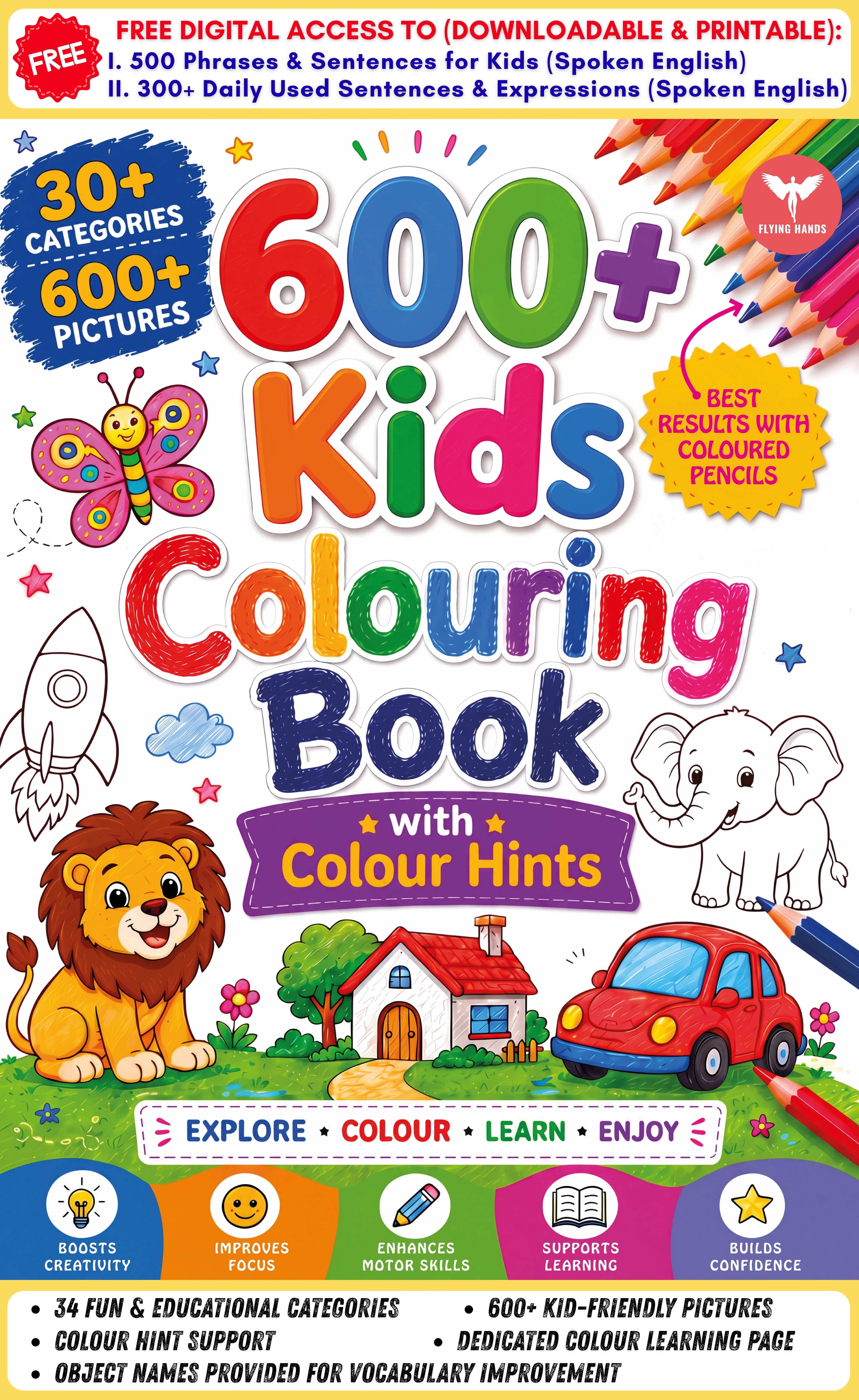 600+ Kids Colouring Book with Colour Hints